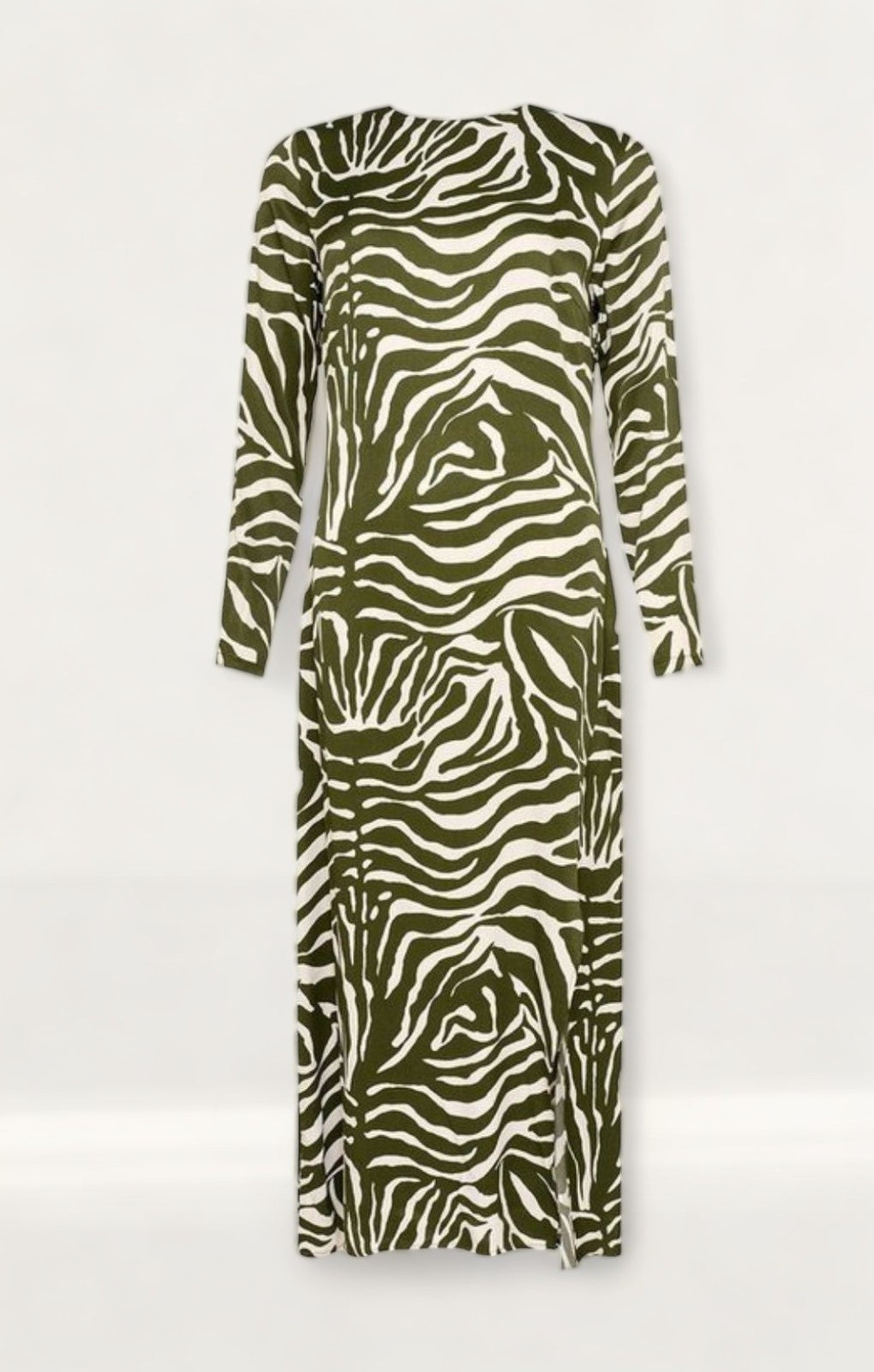 Warehouse Khaki Animal Print Satin Split Column Dress