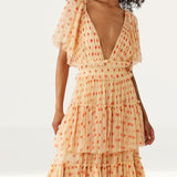 Warehouse Spot Printed Tulle Plunge V Neck Maxi Dress