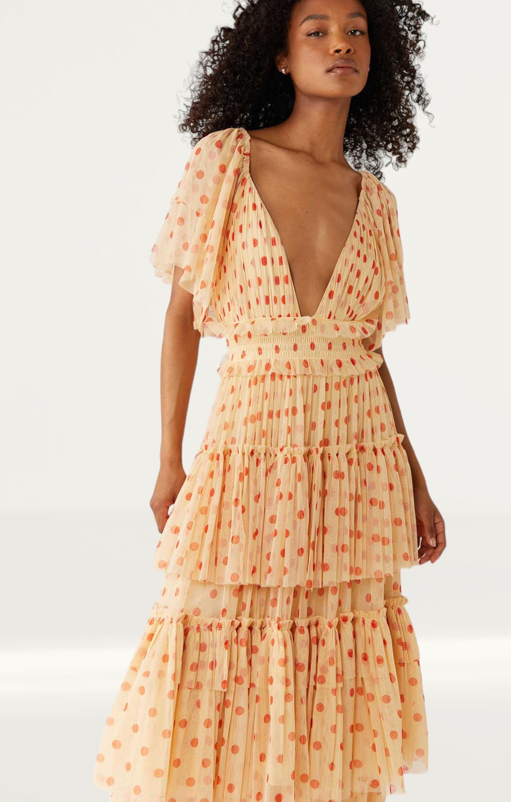 Warehouse Spot Printed Tulle Plunge V Neck Maxi Dress