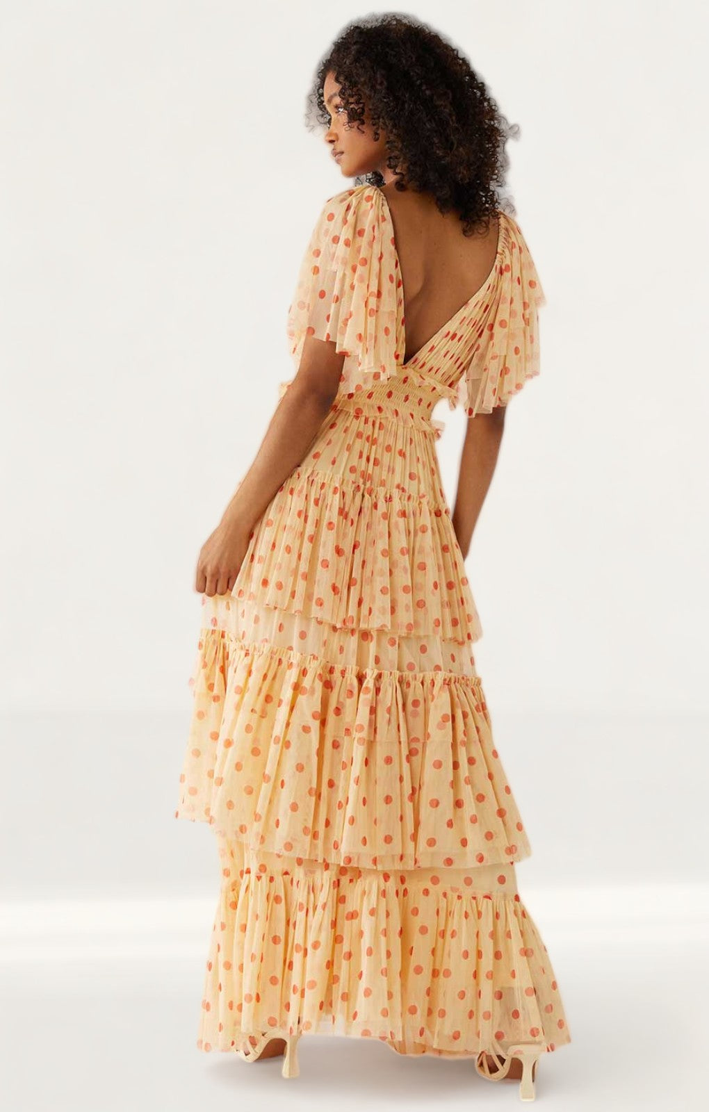Warehouse Spot Printed Tulle Plunge V Neck Maxi Dress