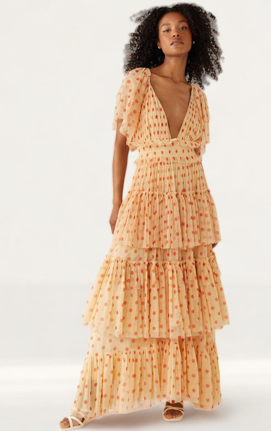 Warehouse Spot Printed Tulle Plunge V Neck Maxi Dress