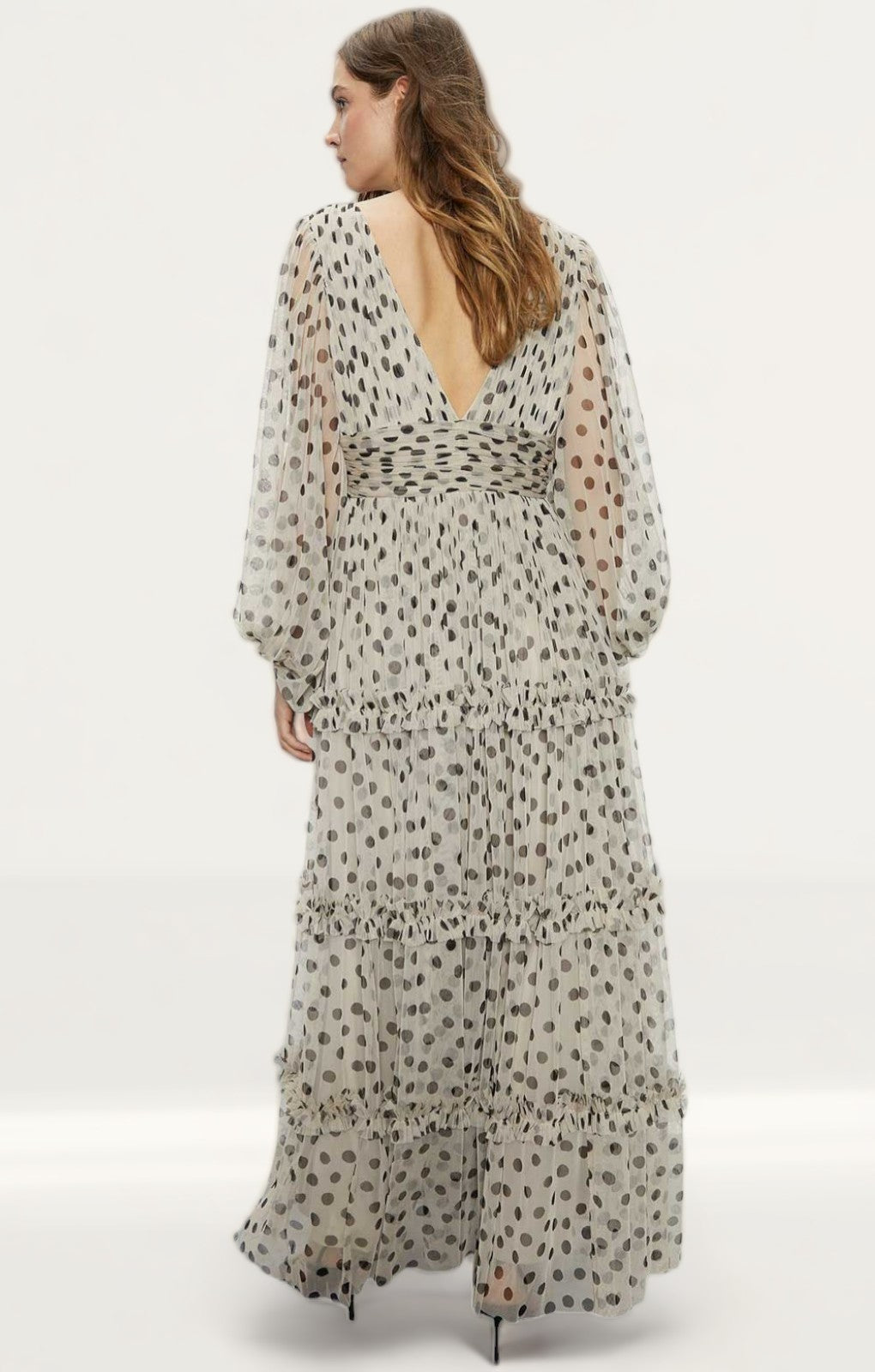Warehouse Spot Tulle Balloon Sleeve Tiered Maxi Dress