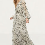 Warehouse Spot Tulle Balloon Sleeve Tiered Maxi Dress