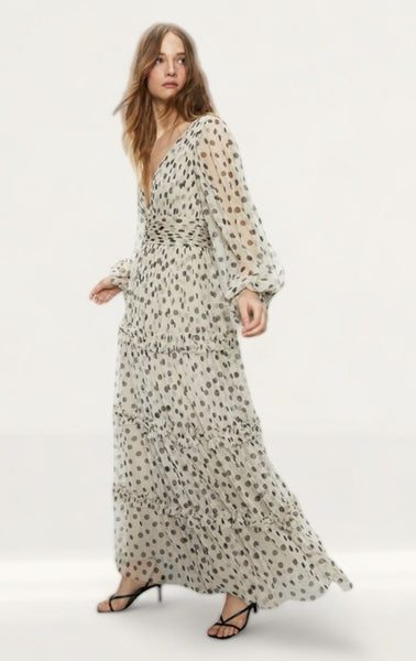 Warehouse Spot Tulle Balloon Sleeve Tiered Maxi Dress