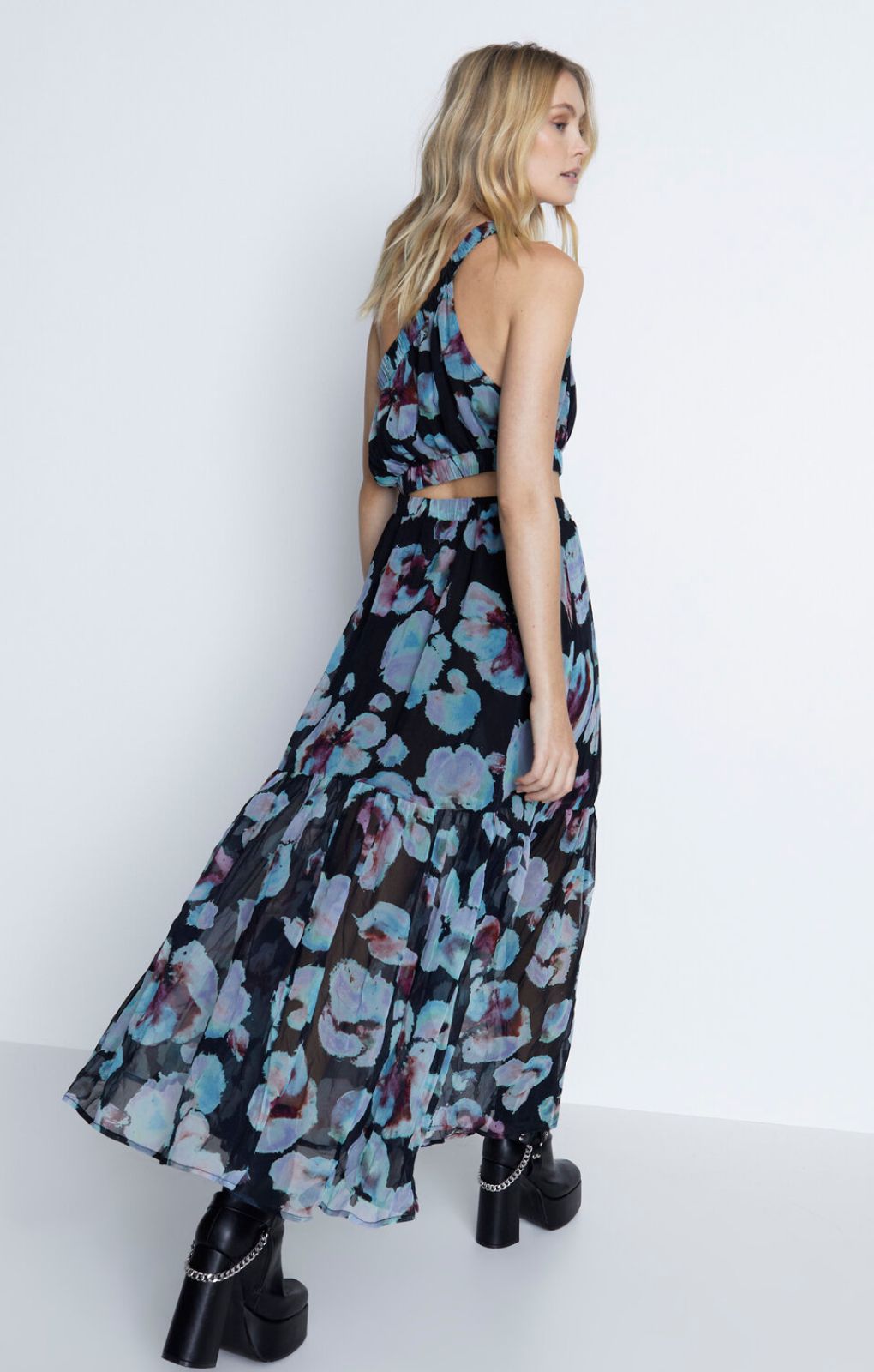 Warehouse Blue Floral Crinkle Chiffon Cutout One Shoulder Maxi Dress product image