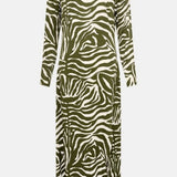 Warehouse Khaki Animal Print Satin Split Column Dress