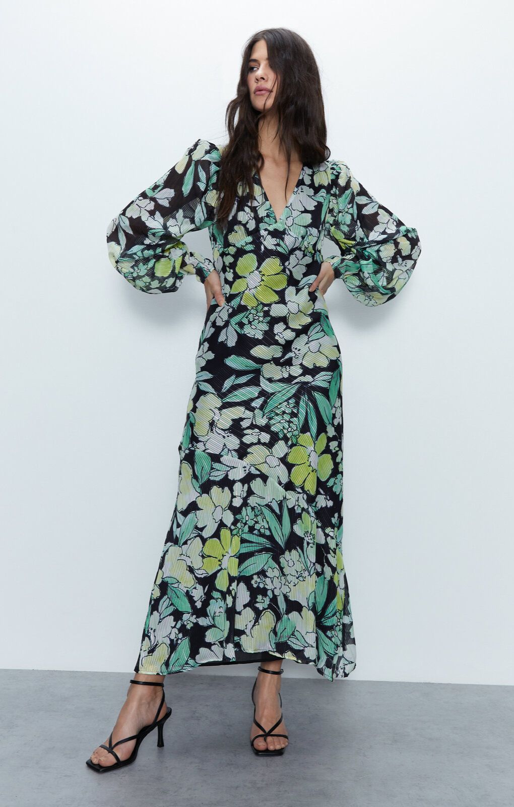 Warehouse Multi Floral Metallic Stripe Printed Midi Dress