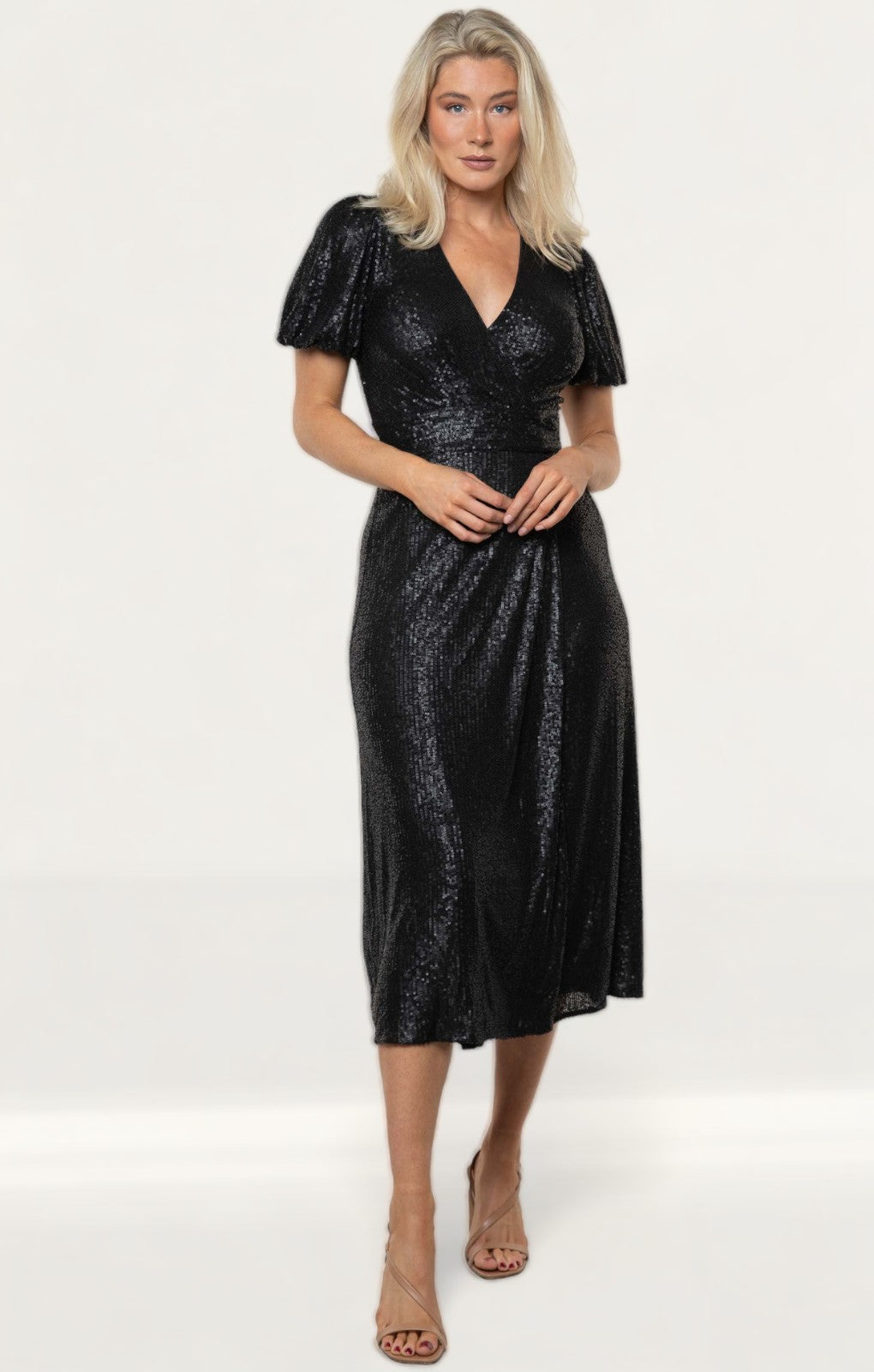 Whistles Black Sequin Wrap Midi Dress product image