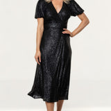 Whistles Black Sequin Wrap Midi Dress product image