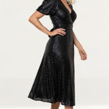 Whistles Black Sequin Wrap Midi Dress product image