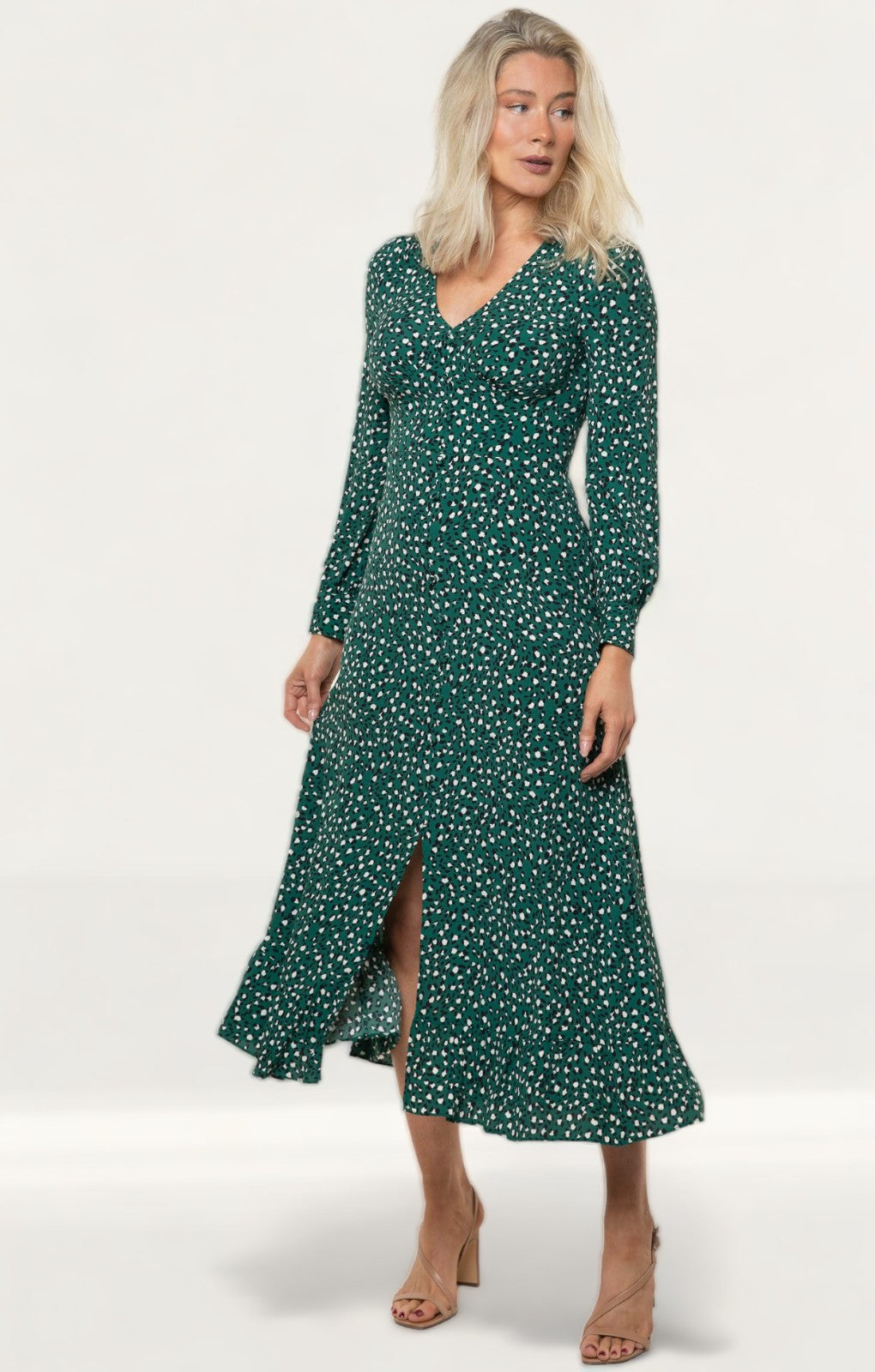 Whistles Green Leopard Printed Midi Dress