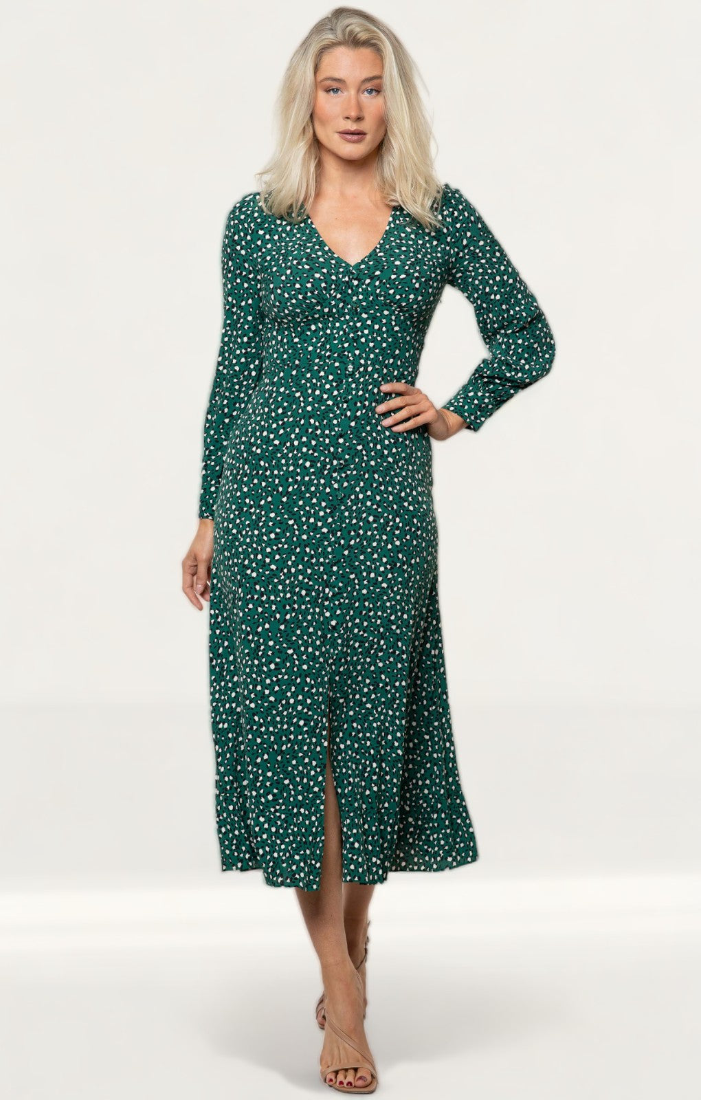 Whistles Green Leopard Printed Midi Dress