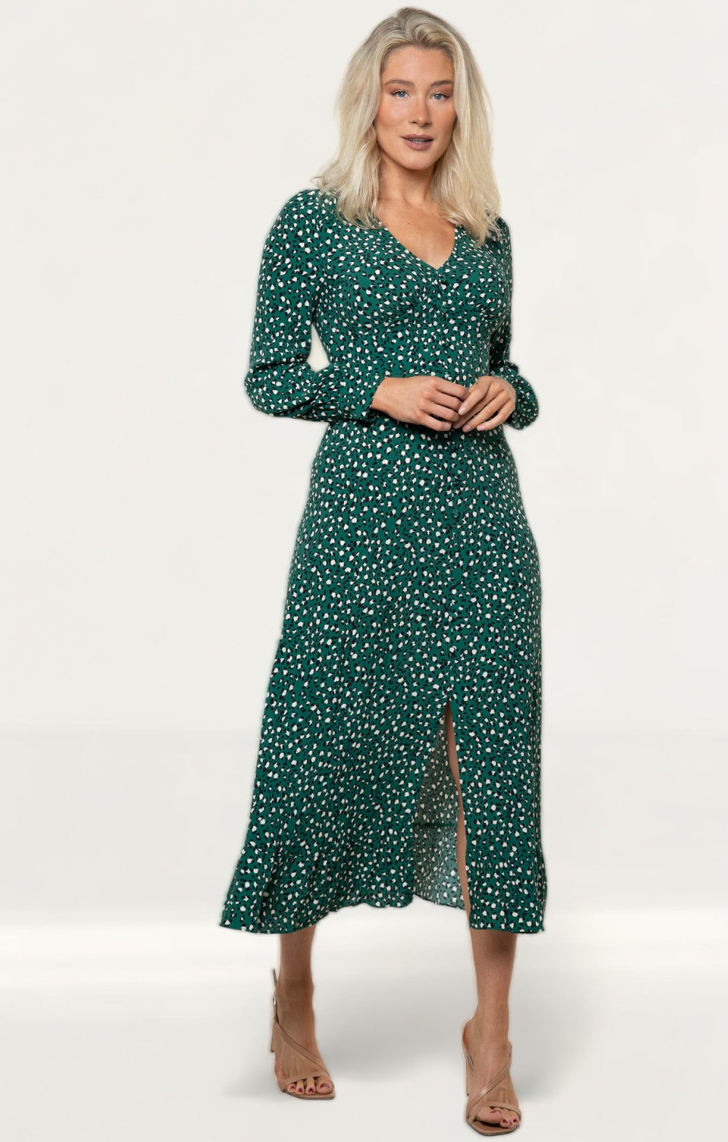 Whistles Green Leopard Printed Midi Dress