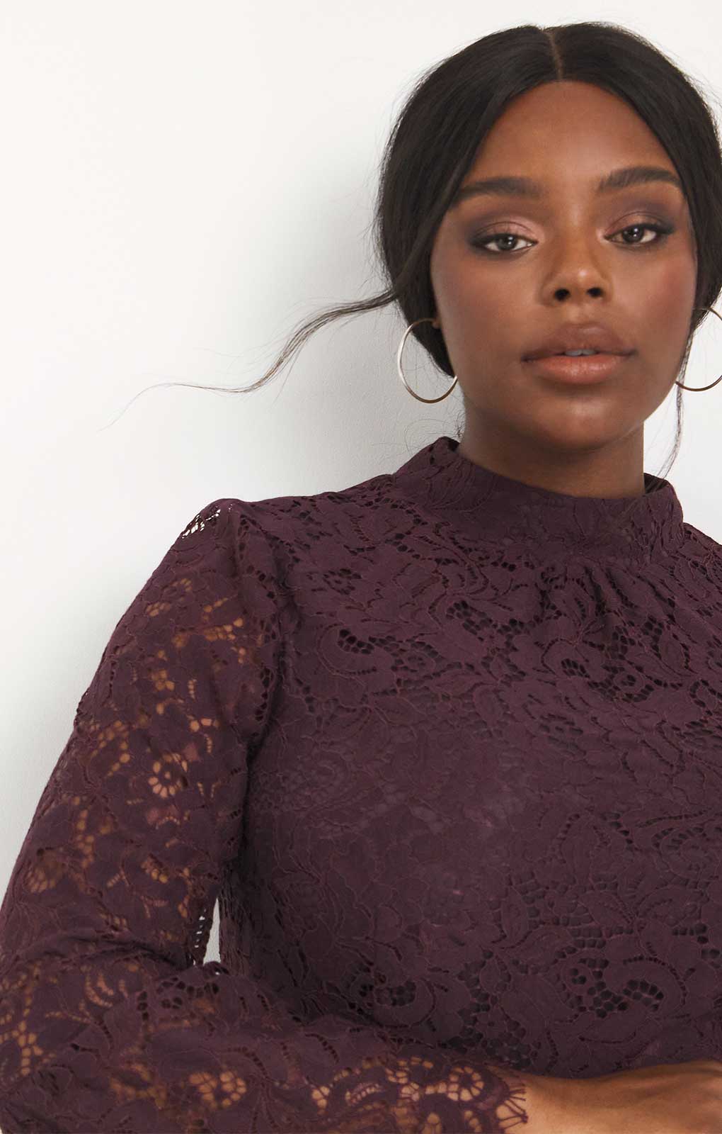 Simply Be Wine Lace Bodycon Midi with Flare Sleeves