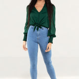 Zara Green Satin Blouse With Knot Detail
