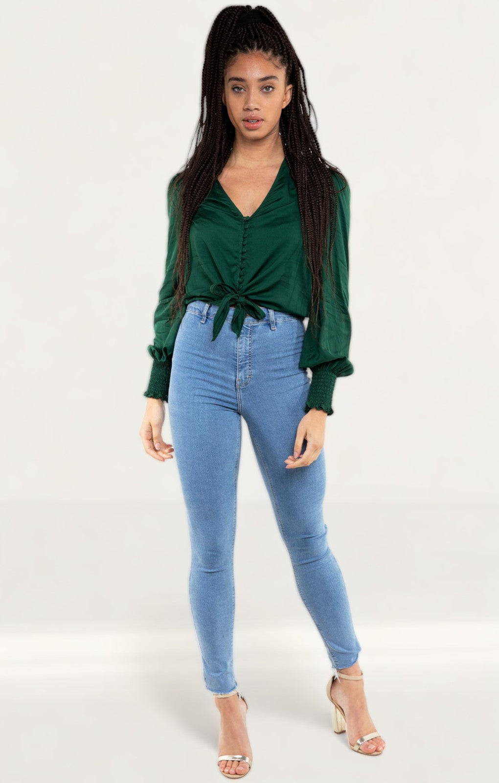 Zara Green Satin Blouse With Knot Detail