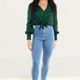 Zara Green Satin Blouse With Knot Detail
