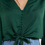 Zara Green Satin Blouse With Knot Detail