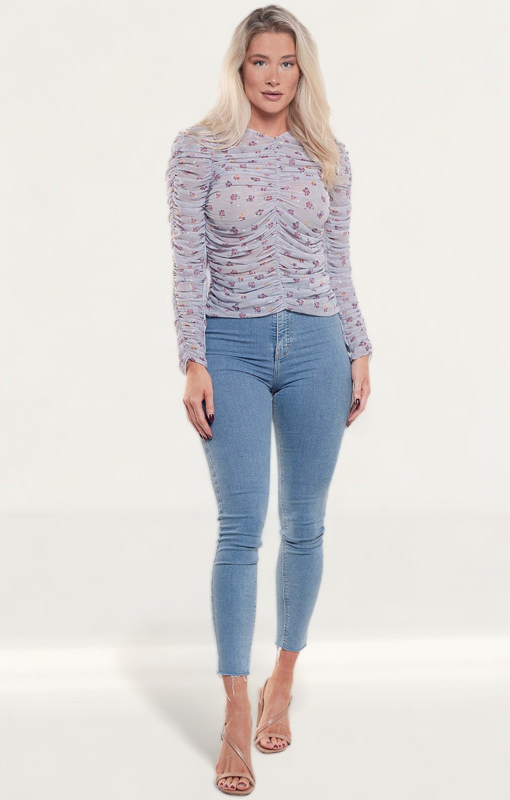 Zara Mauve Printed Blouse With Gathered Detail