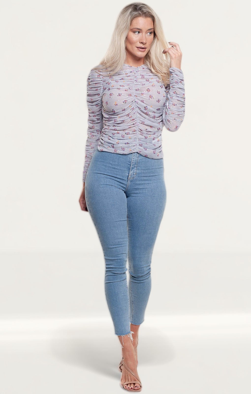 Zara Mauve Printed Blouse With Gathered Detail