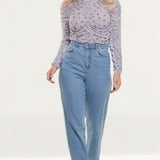 Zara Mauve Printed Blouse With Gathered Detail