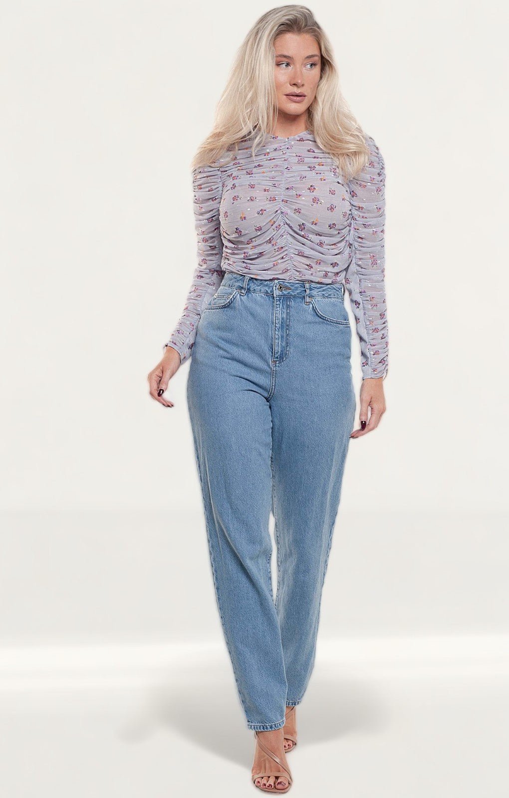 Zara Mauve Printed Blouse With Gathered Detail