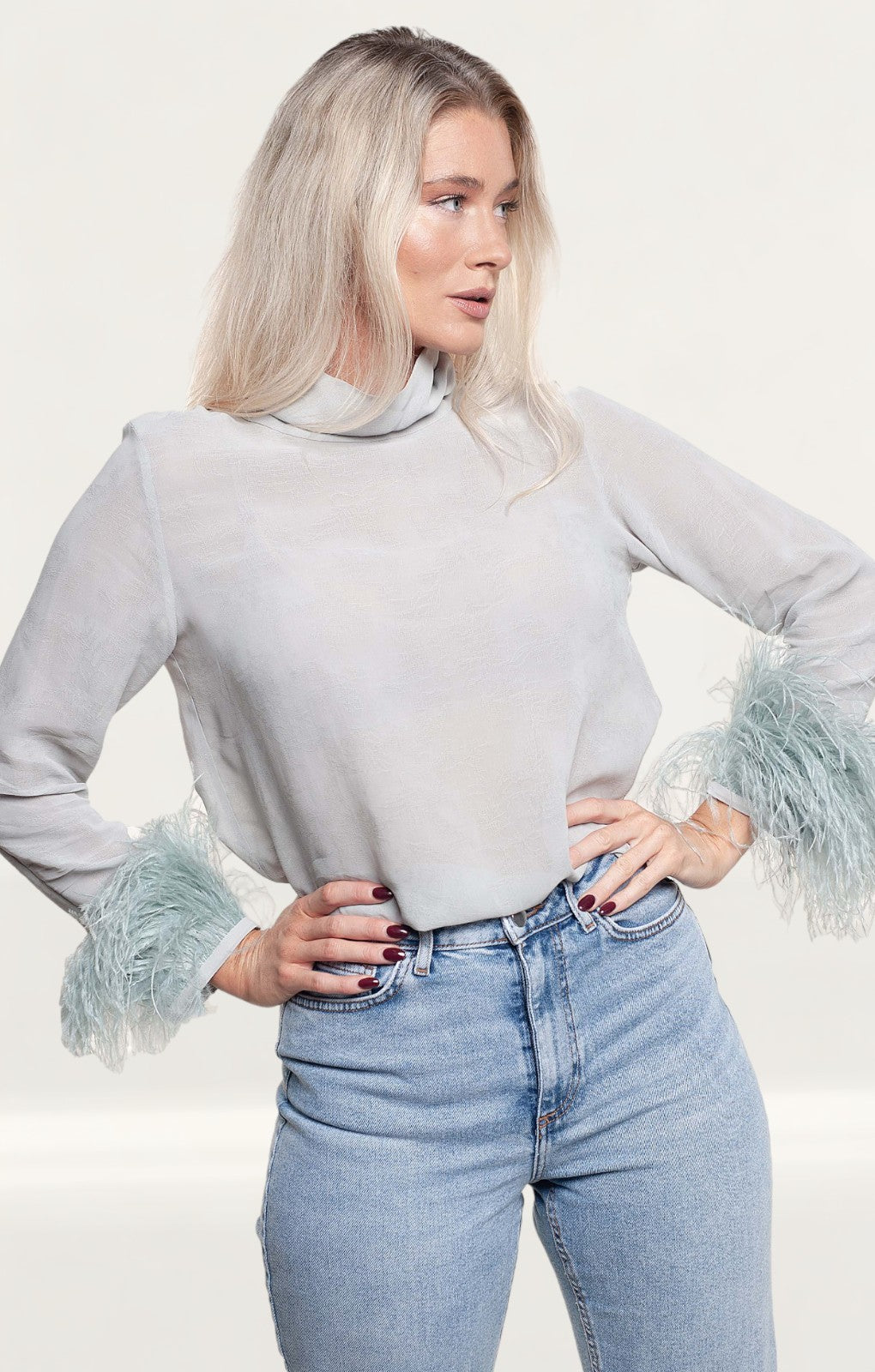 Zara Pearl Grey Blouse With Jacquard Feathers product image