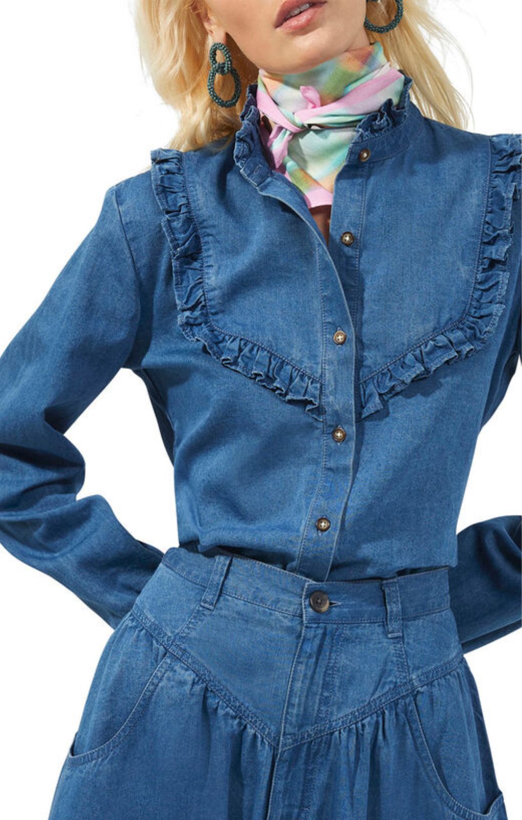 French Connection Zaves Chambray Ruffle Blouse